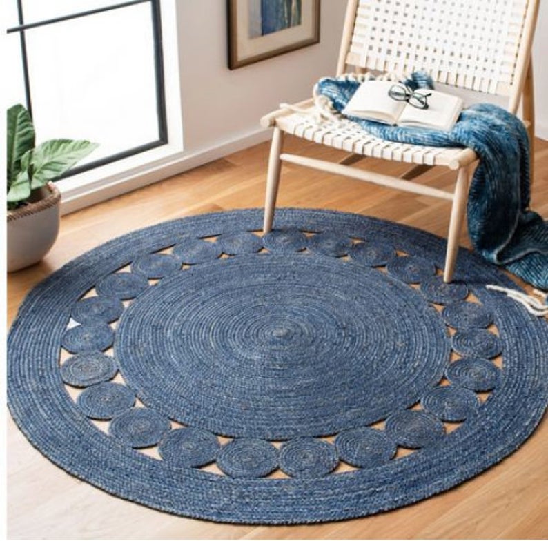 Rug Jute & Cotton Handmade Round Reversible Carpet Modern Rustic Look Area Rug 